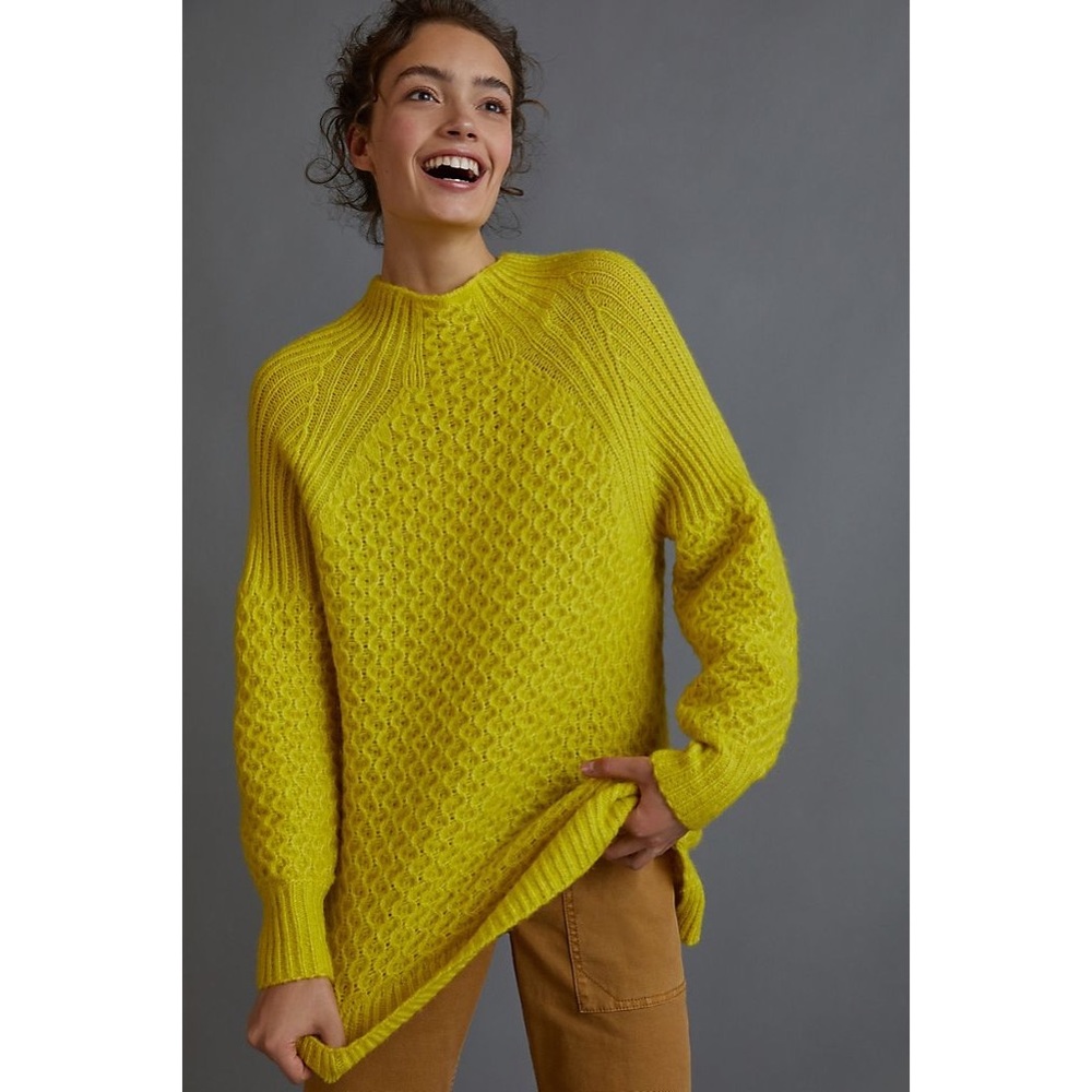 Anthropologie Bia Mock Neck Yellow Lime Chunky Cable Knit Tunic Sweater Size XL